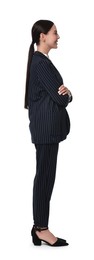 Beautiful woman in black striped suit on white background