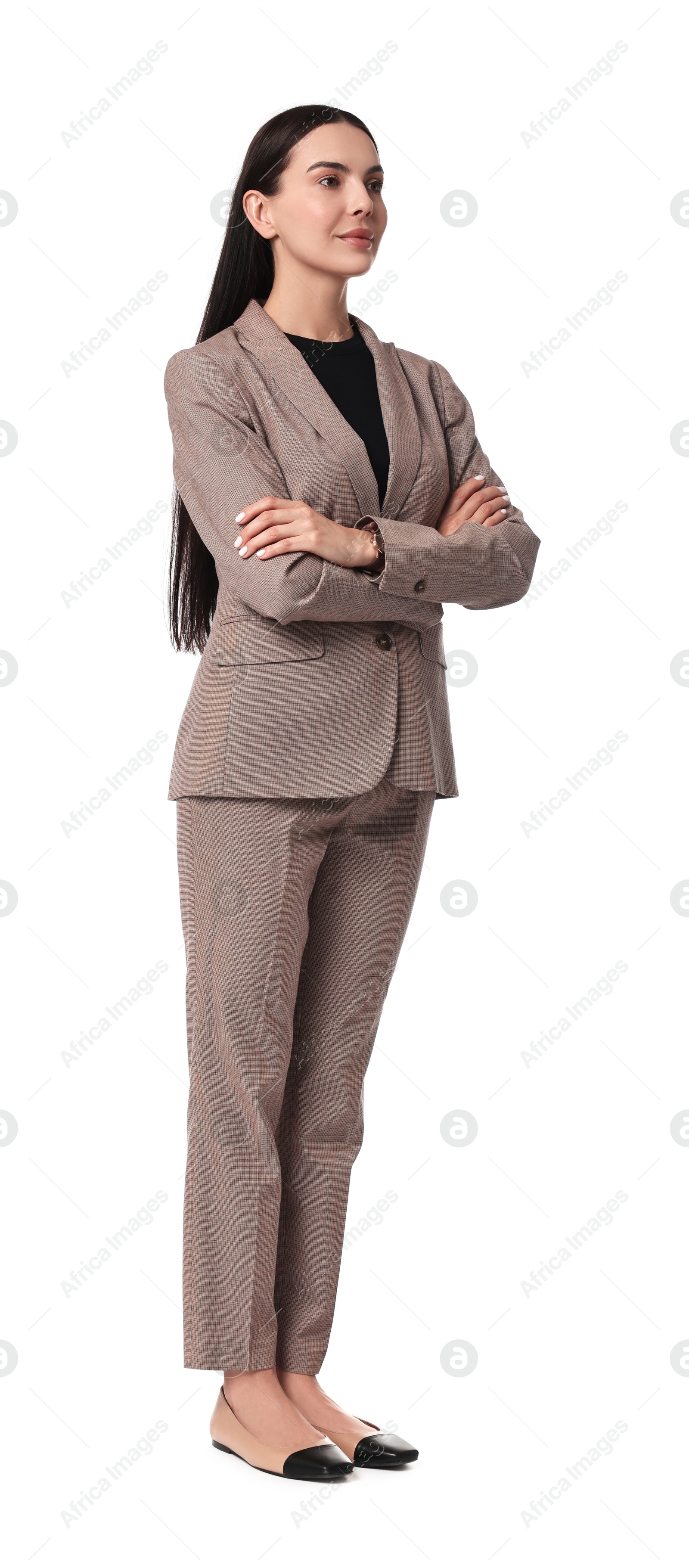 Photo of Beautiful woman in beige suit on white background