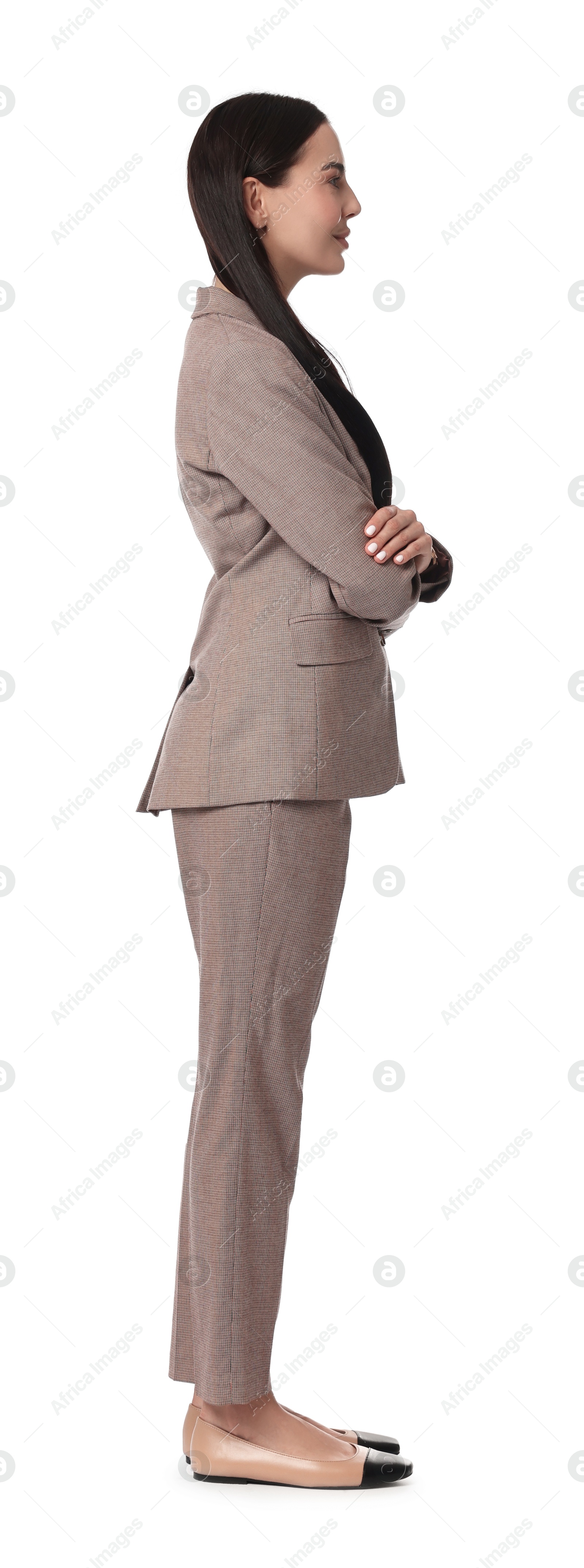 Photo of Beautiful woman in beige suit on white background