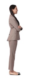 Photo of Beautiful woman in beige suit on white background