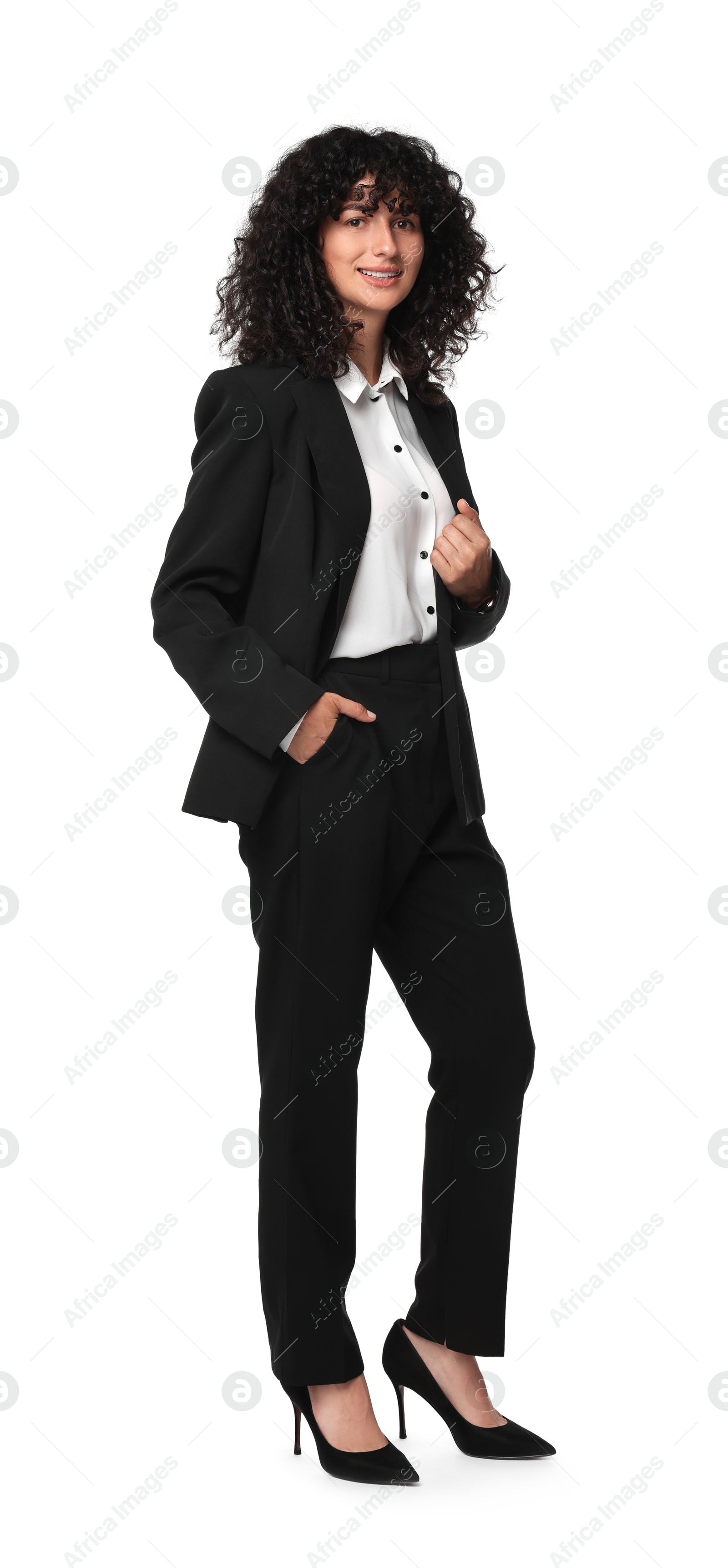 Photo of Beautiful young woman in black suit isolated on white