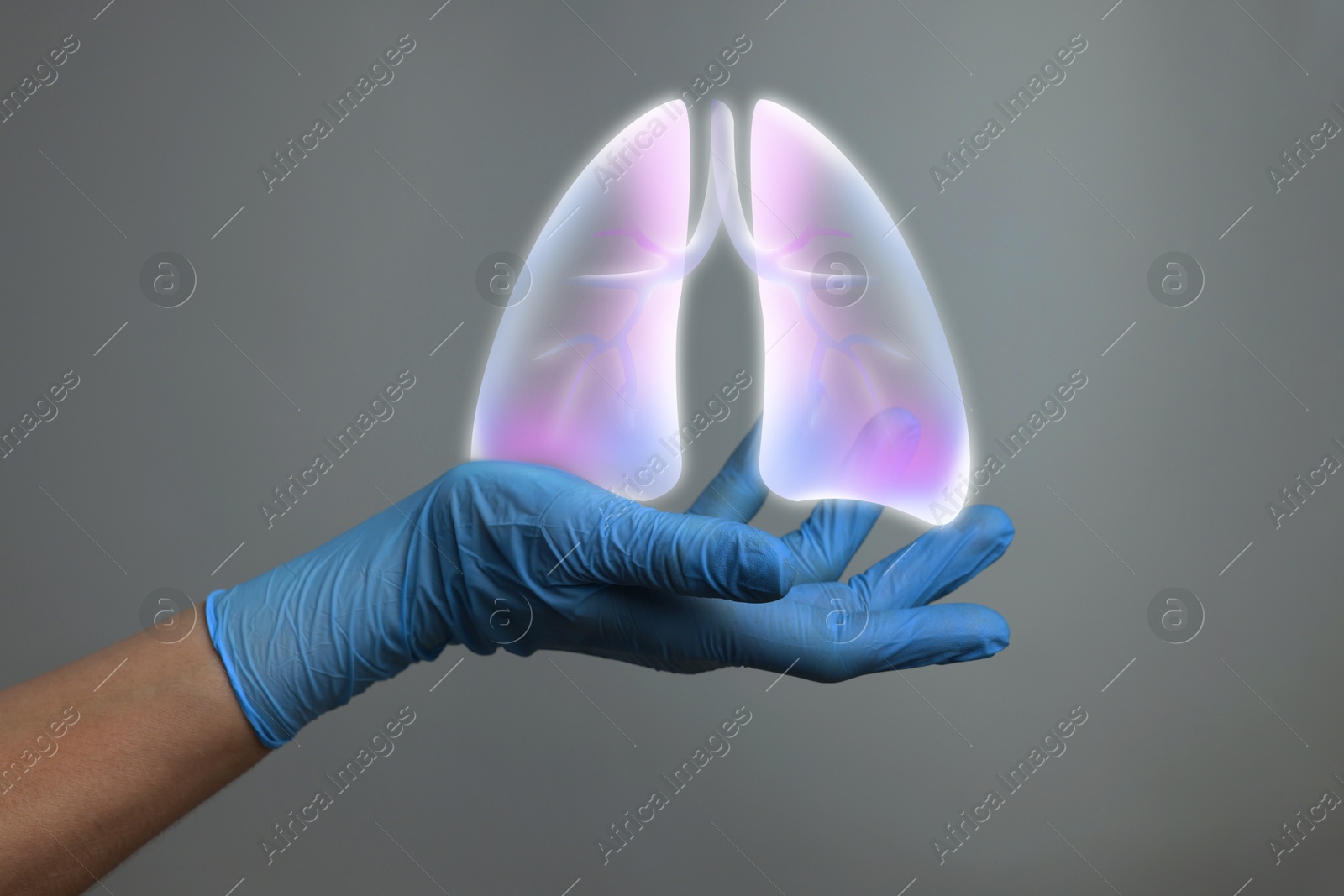 Image of Doctor holding virtual lungs on grey background, closeup