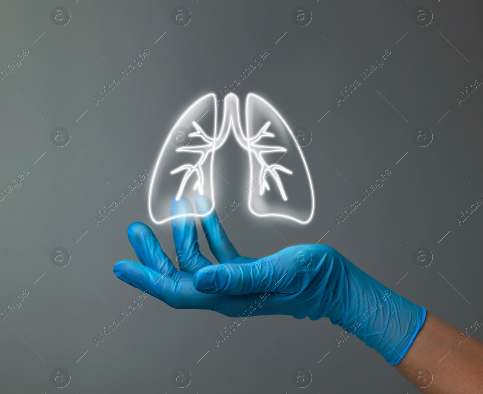 Image of Doctor holding virtual lungs on grey background, closeup