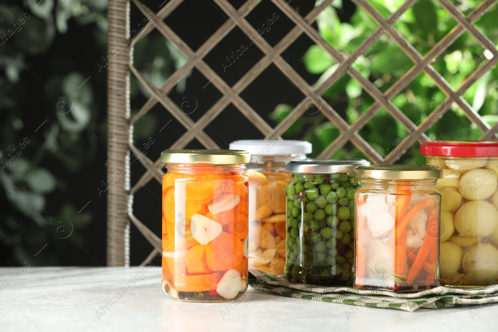 Photo of Tasty pickled vegetables and mushrooms in jars on white background