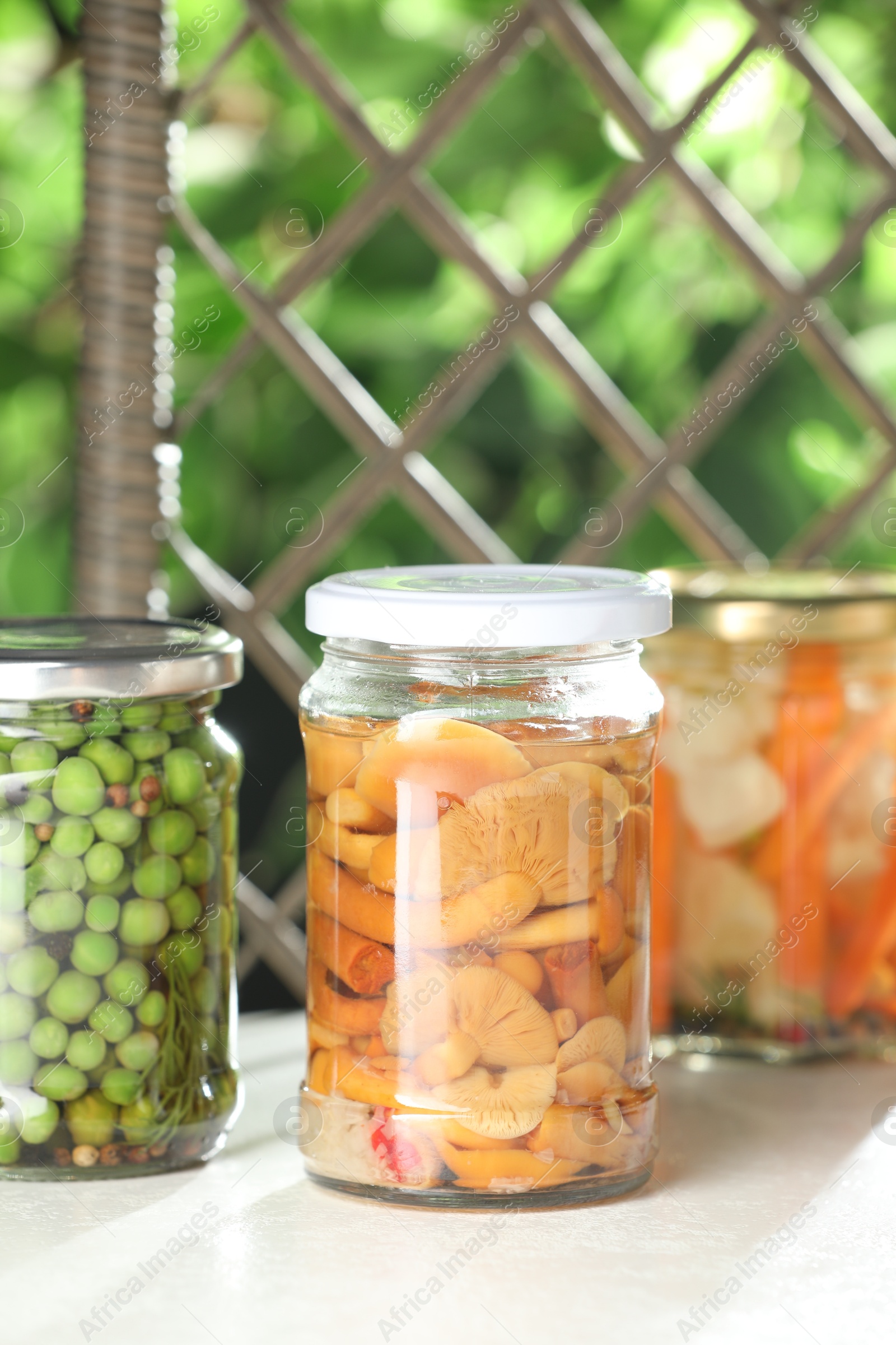 Photo of Tasty pickled vegetables and mushrooms in jars on white table indoors