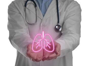 Doctor holding virtual lungs on white background, closeup