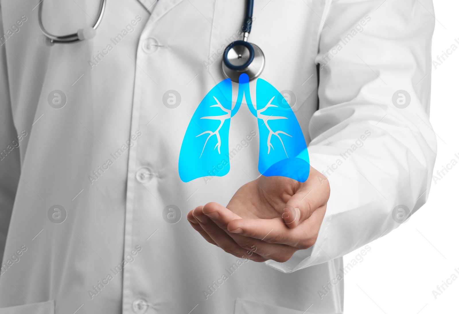 Image of Doctor holding virtual lungs on white background, closeup