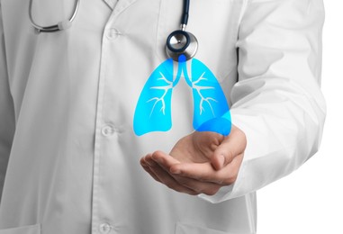 Doctor holding virtual lungs on white background, closeup