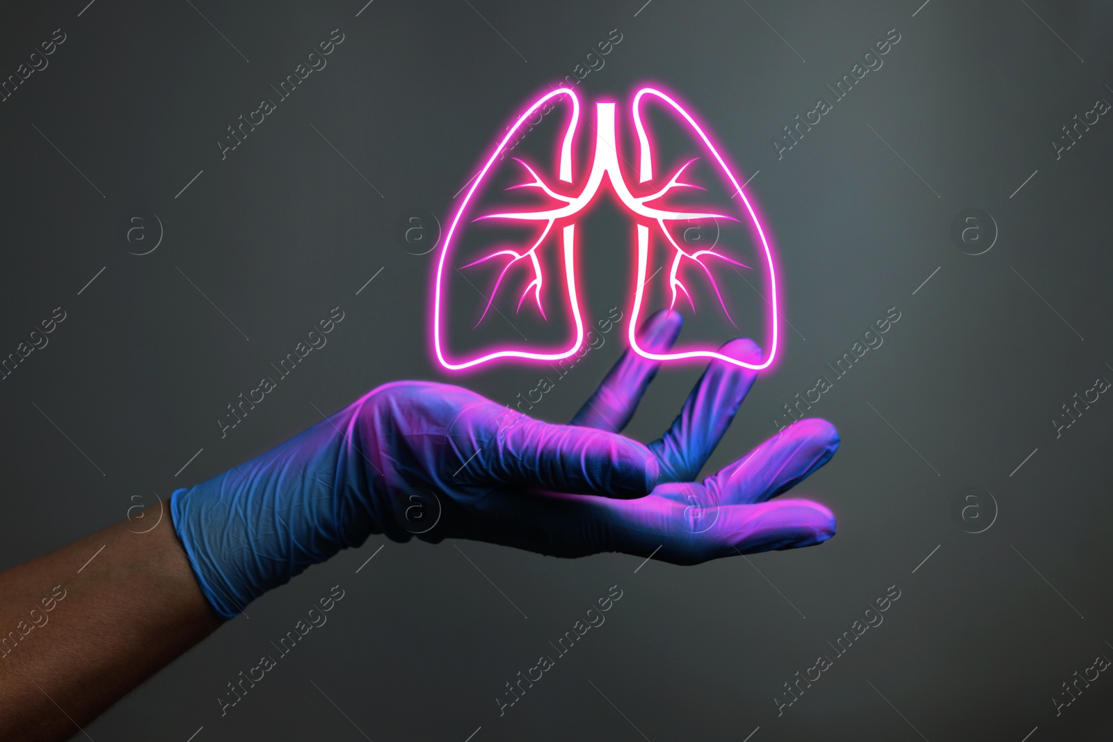 Image of Doctor holding virtual lungs on grey background, closeup