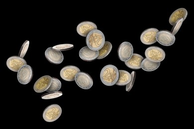 Image of Euro coins in air on black background