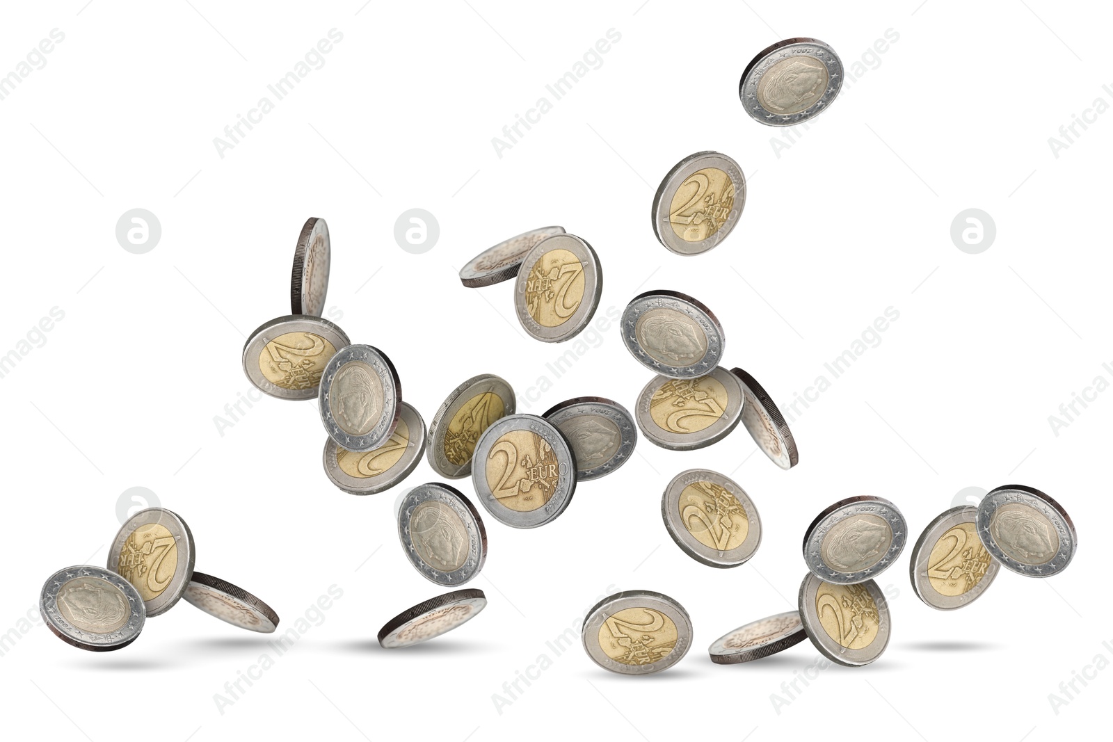 Image of Many euro coins falling on white background