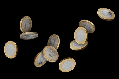 Image of Euro coins in air on black background