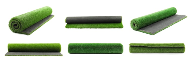 Image of Rolls of green artificial turf isolated on white, set