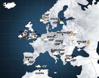 Weather forecast shown on map of Europe. illustration with city names, temperature data and weather condition icons