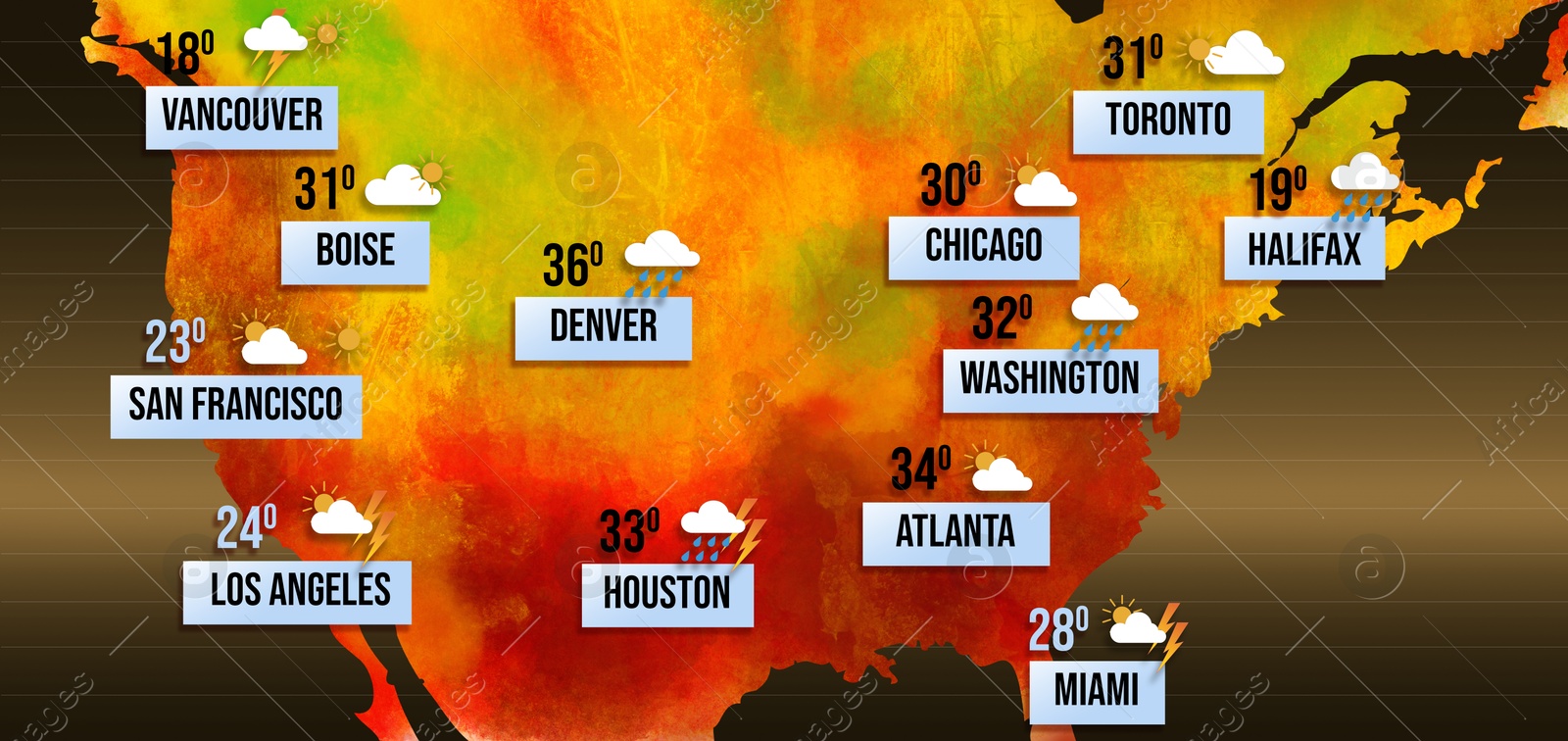 Image of Weather forecast shown on map of USA. illustration with city names, temperature data and weather condition icons