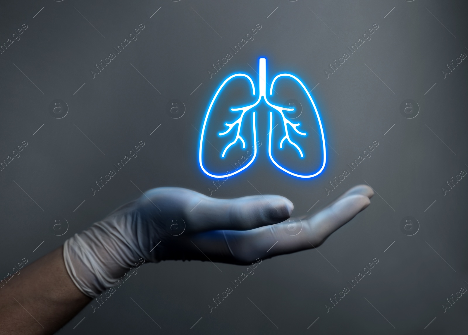 Image of Doctor holding virtual lungs on grey background, closeup