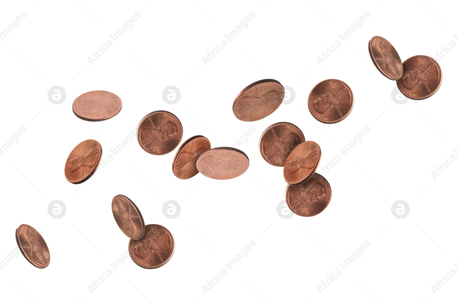 Image of United States one cent coins in air on white background