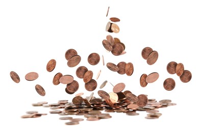 Image of United States one cent coins falling on white background