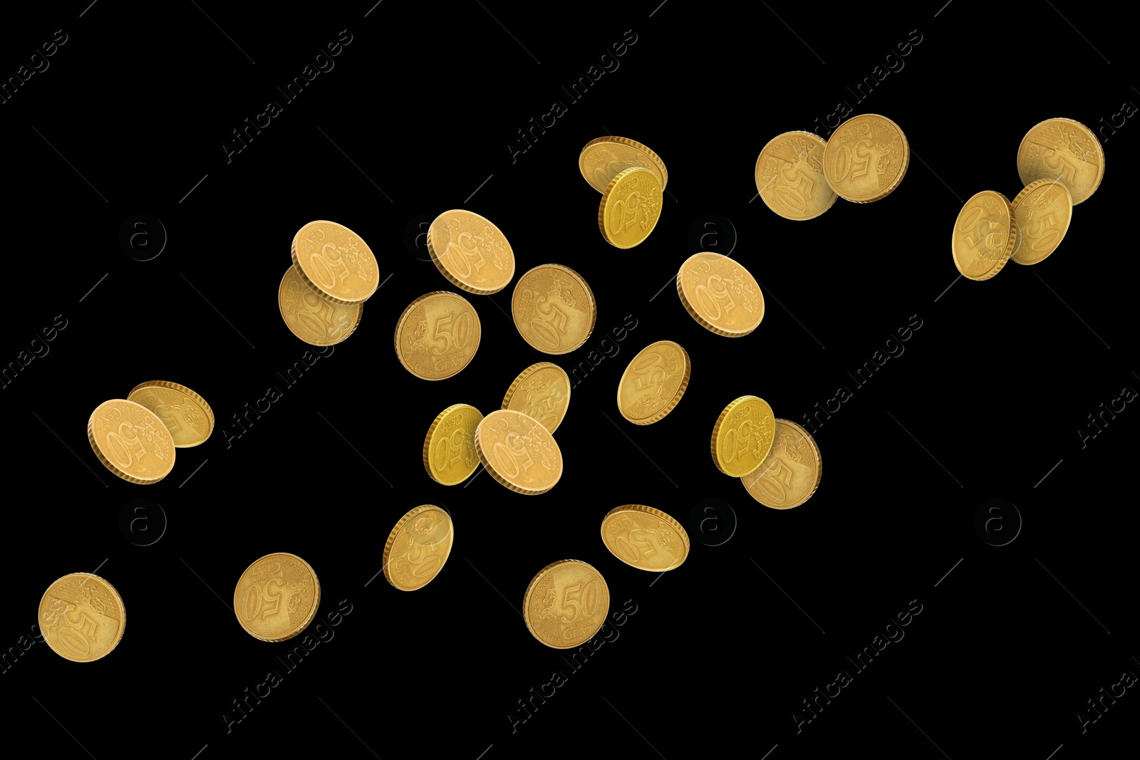 Image of Euro cent coins in air on black background