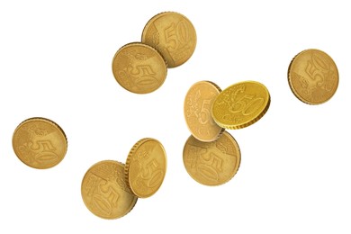 Euro cent coins in air on white background