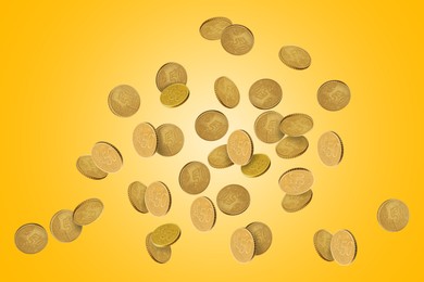 Image of Many euro cent coins in air on golden background