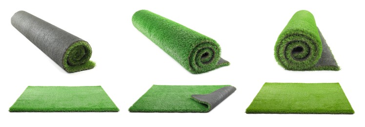 Image of Green artificial turf isolated on white, set