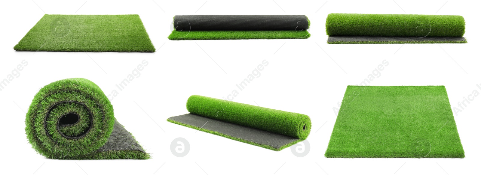 Image of Green artificial turf isolated on white, set