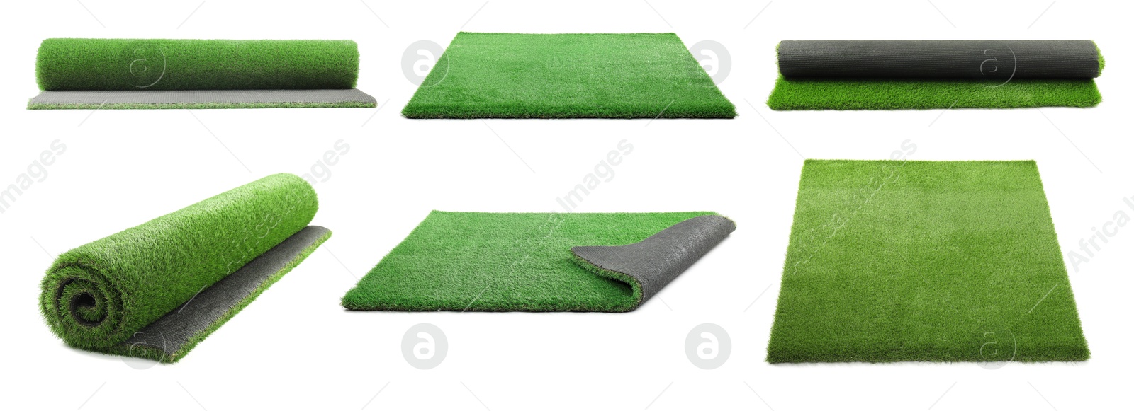 Image of Green artificial turf isolated on white, set