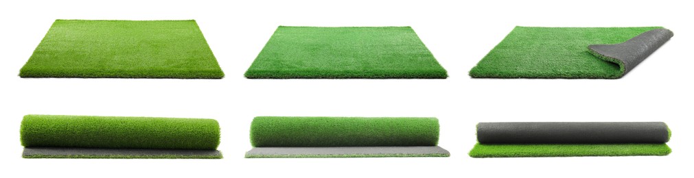 Image of Green artificial turf isolated on white, set