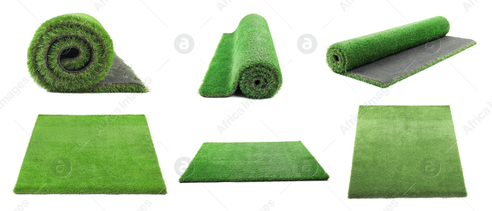 Image of Green artificial turf isolated on white, set