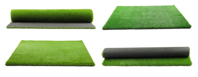 Image of Green artificial turf isolated on white, set