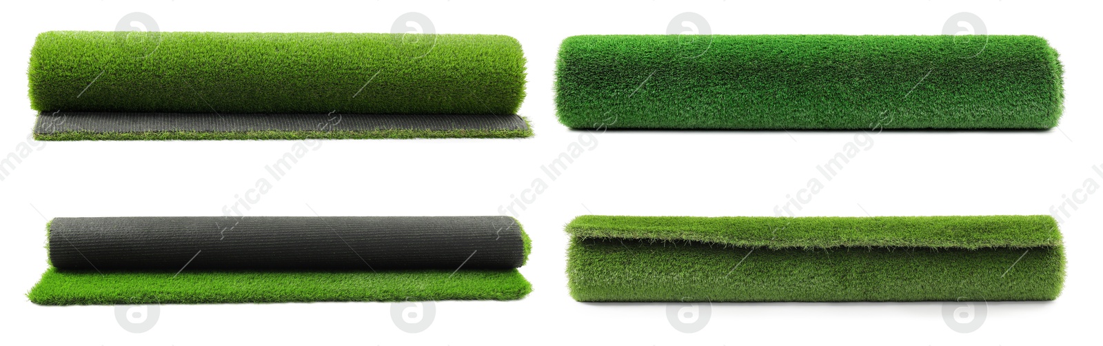 Image of Rolls of green artificial turf isolated on white, set