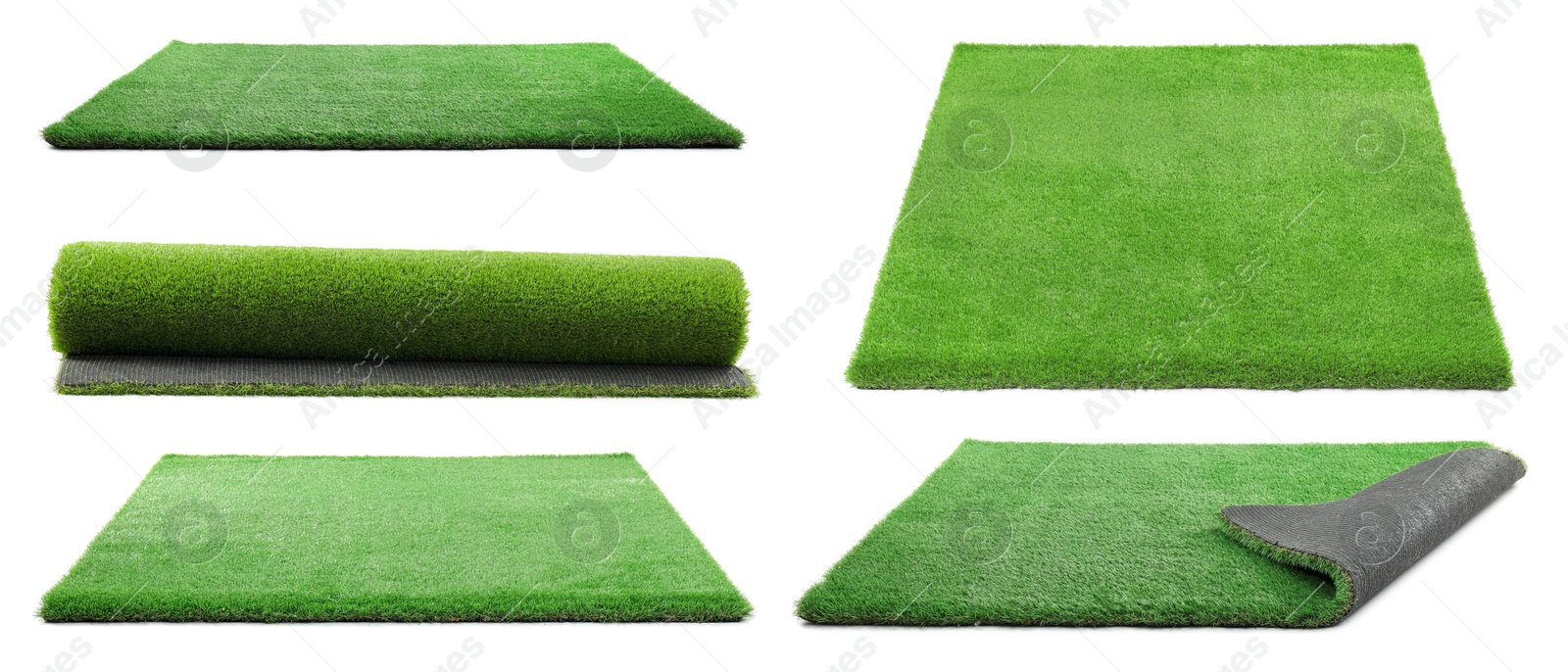 Image of Green artificial turf isolated on white, set