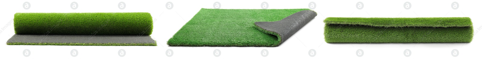 Image of Green artificial turf isolated on white, set