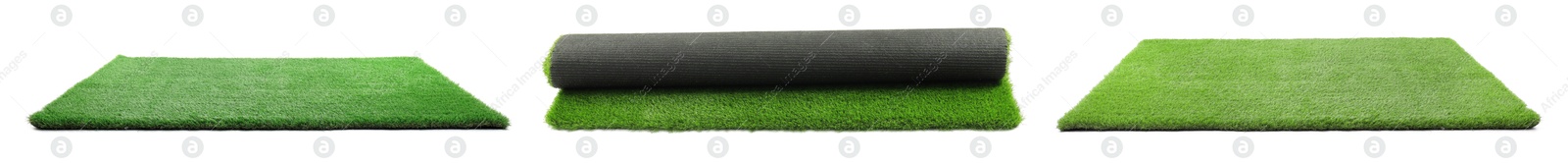 Image of Green artificial turf isolated on white, set