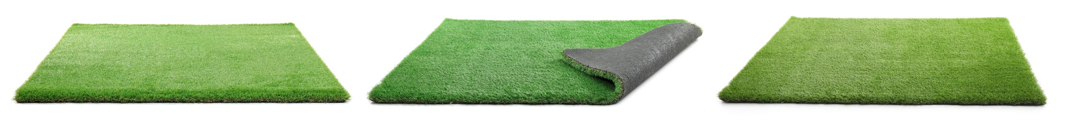 Image of Green artificial turf isolated on white, set