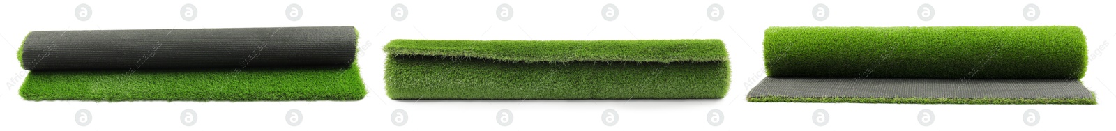 Image of Rolls of green artificial turf isolated on white, set