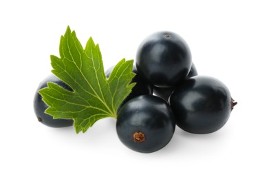 Ripe blackcurrants and green leaf isolated on white