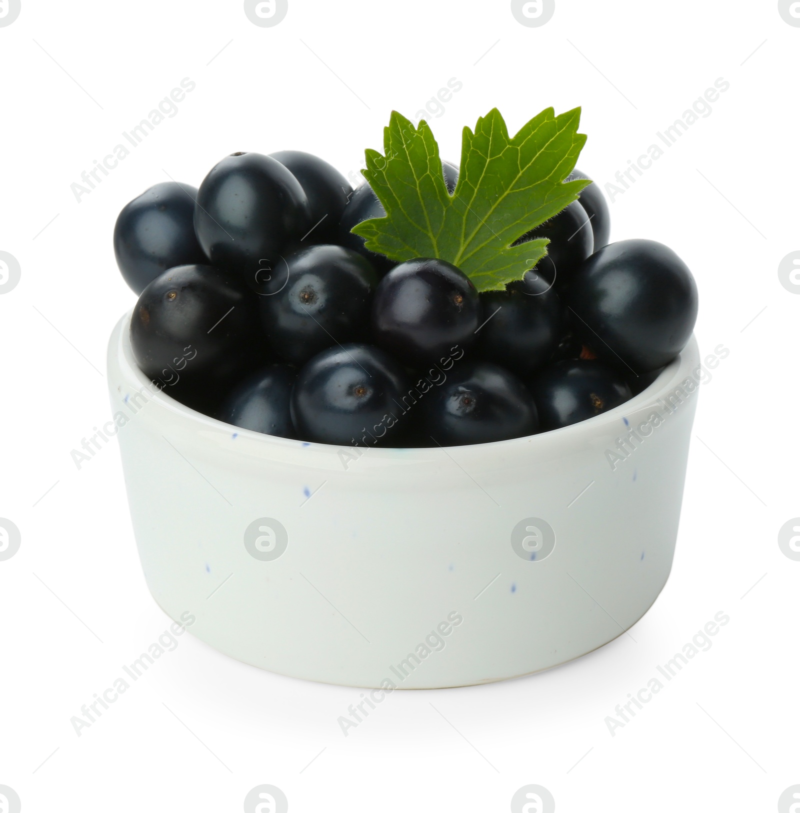 Photo of Bowl of ripe blackcurrants and green leaf isolated on white