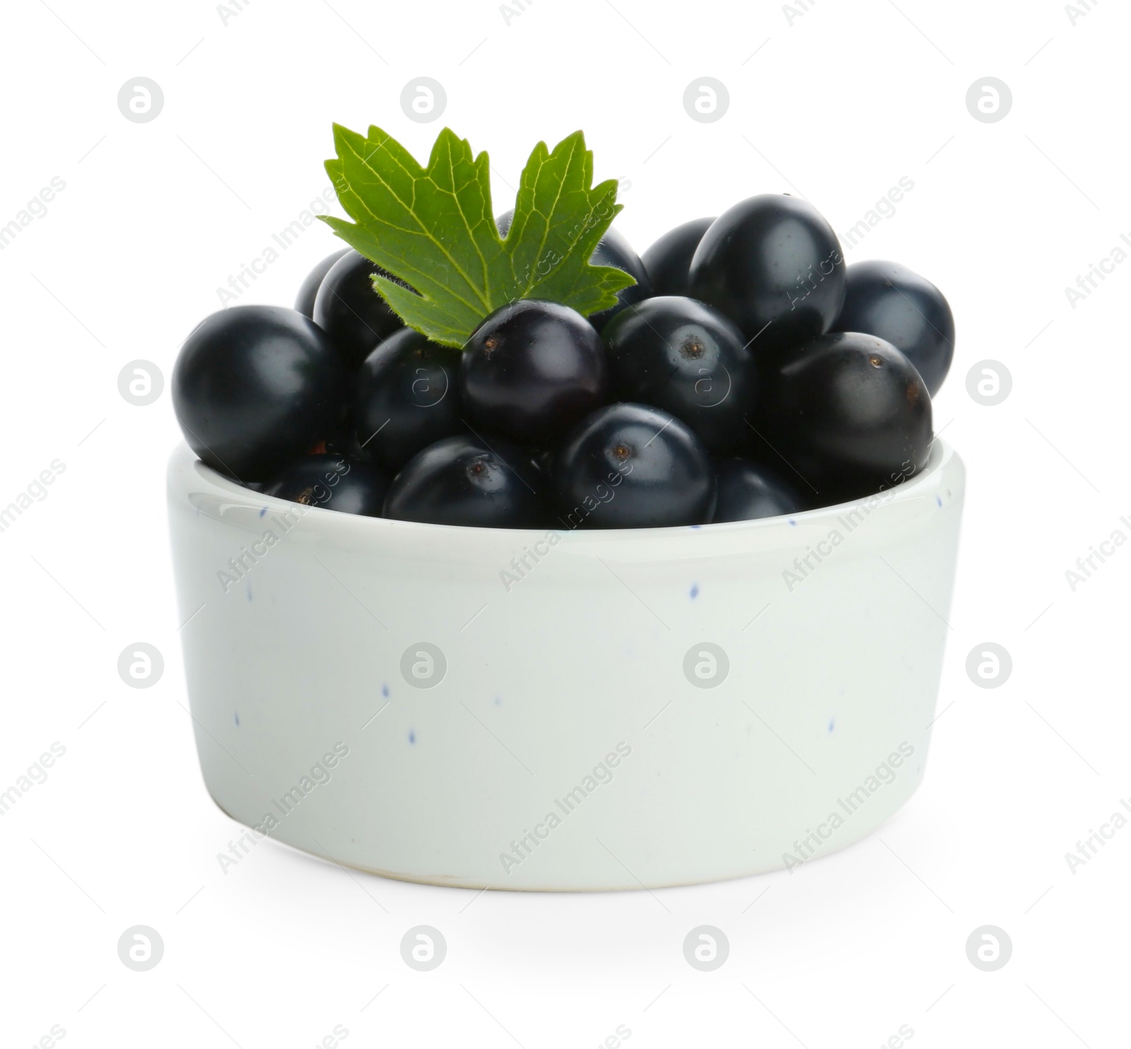 Photo of Bowl of ripe blackcurrants and green leaf isolated on white