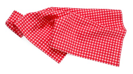 Photo of Red checkered picnic tablecloth isolated on white, top view