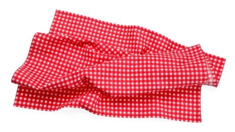 Photo of Red checkered picnic tablecloth isolated on white, top view