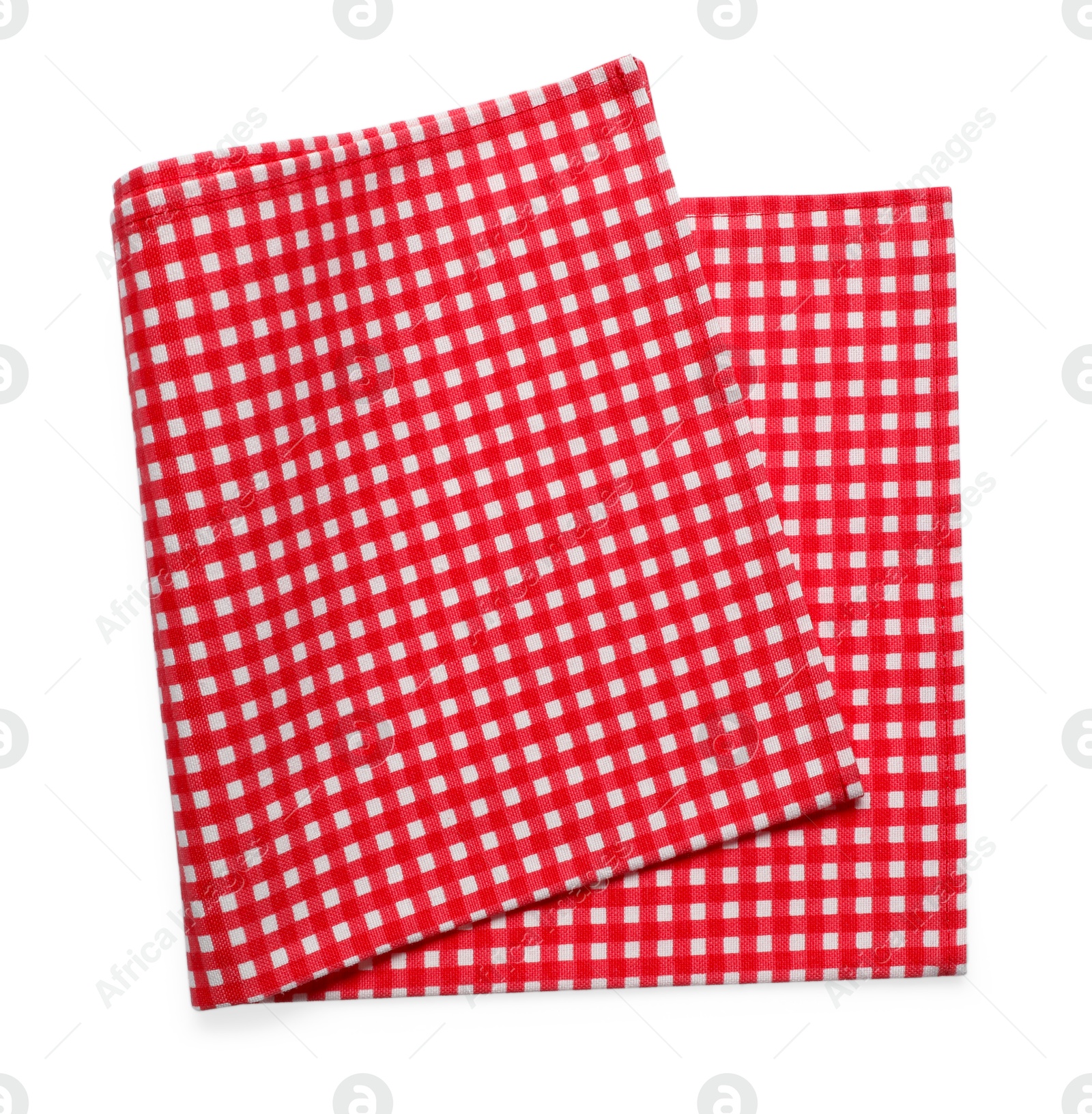 Photo of Red checkered picnic tablecloth isolated on white, top view