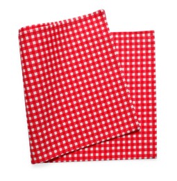 Photo of Red checkered picnic tablecloth isolated on white, top view