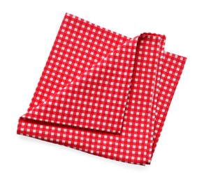 Photo of Red checkered picnic tablecloth isolated on white, top view