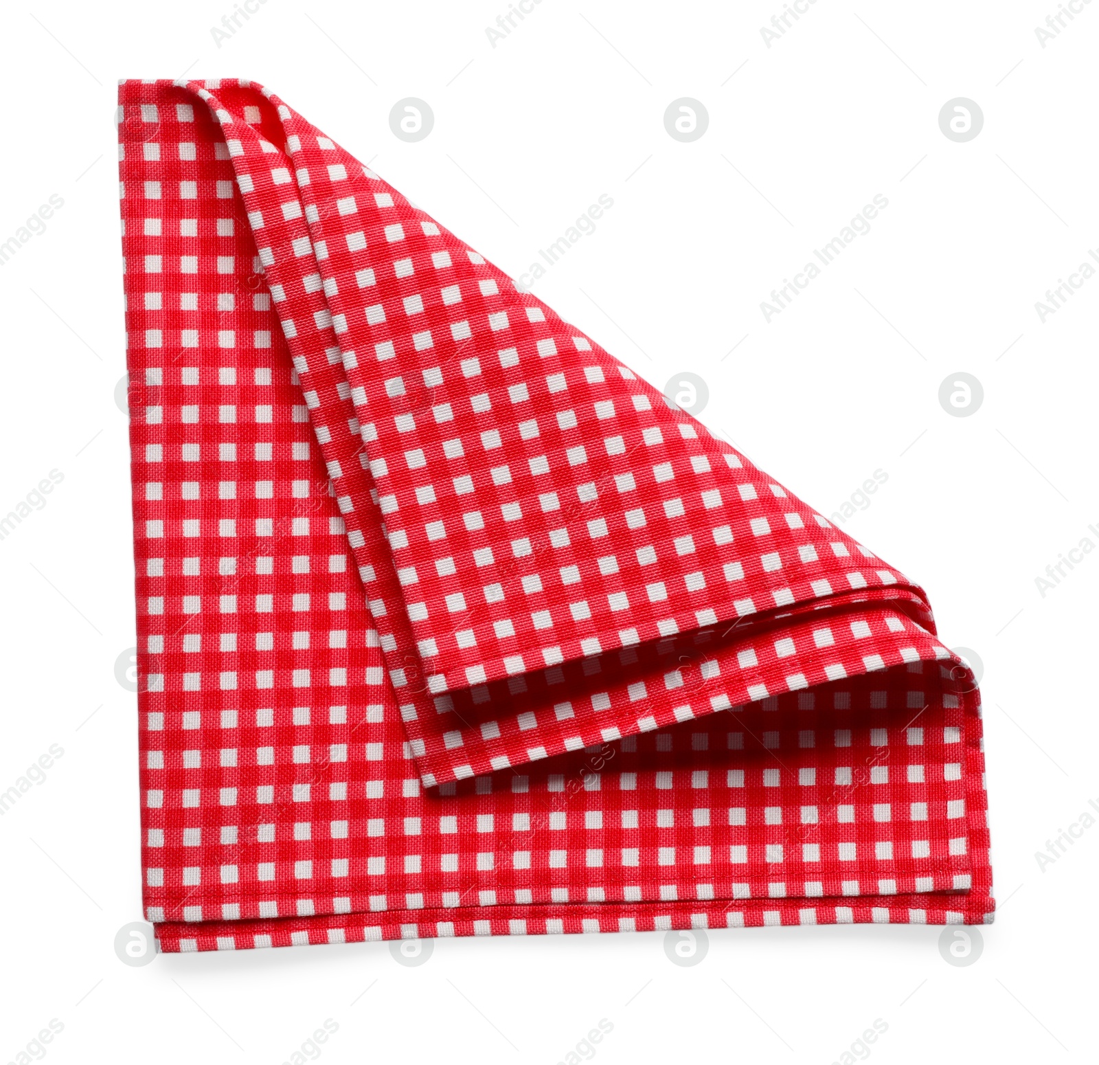 Photo of Red checkered picnic tablecloth isolated on white, top view