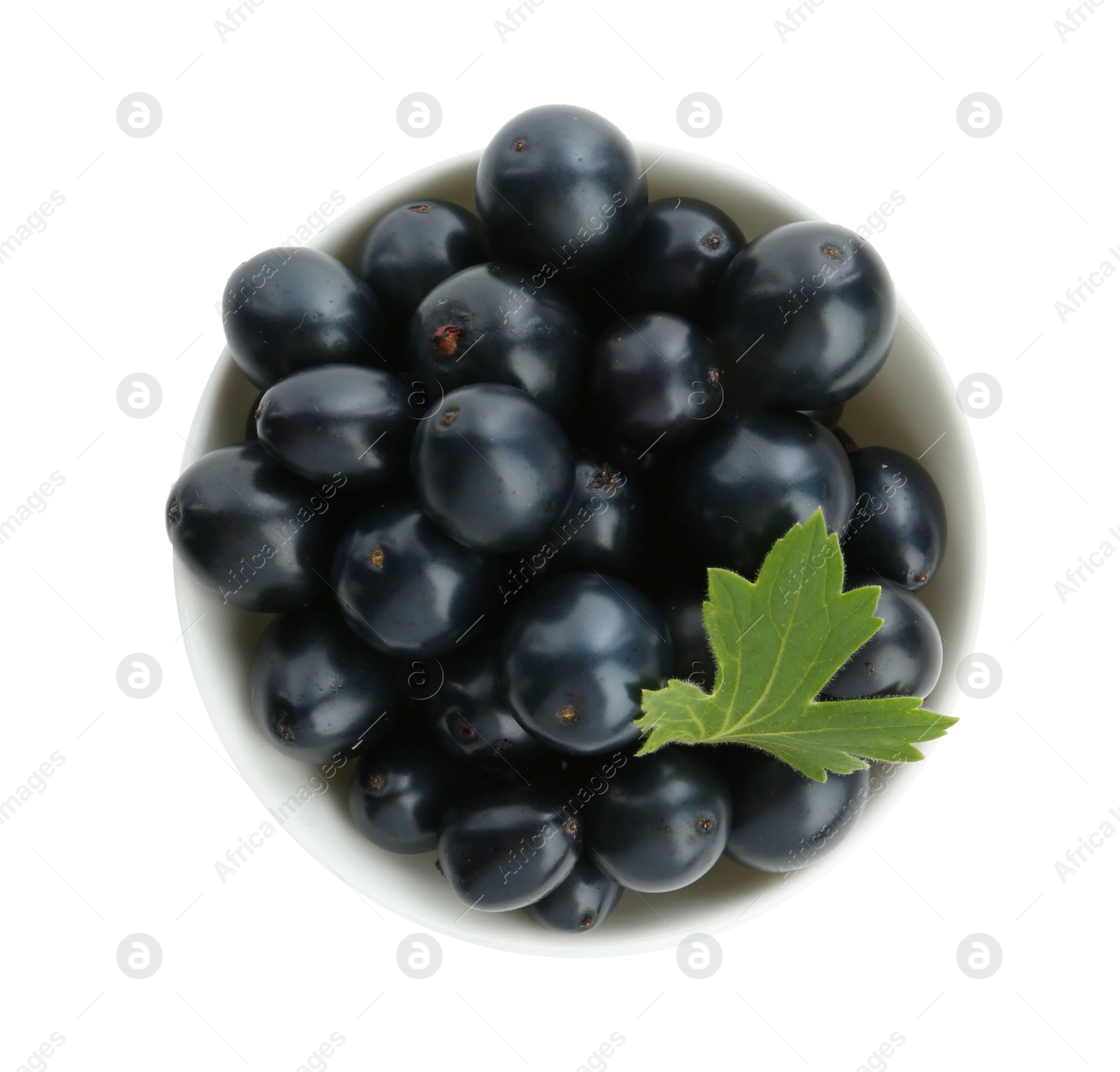 Photo of Bowl of ripe blackcurrants and green leaf isolated on white, top view