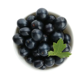 Bowl of ripe blackcurrants and green leaf isolated on white, top view