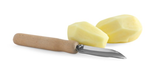 Photo of Fresh raw potatoes and peeler isolated on white