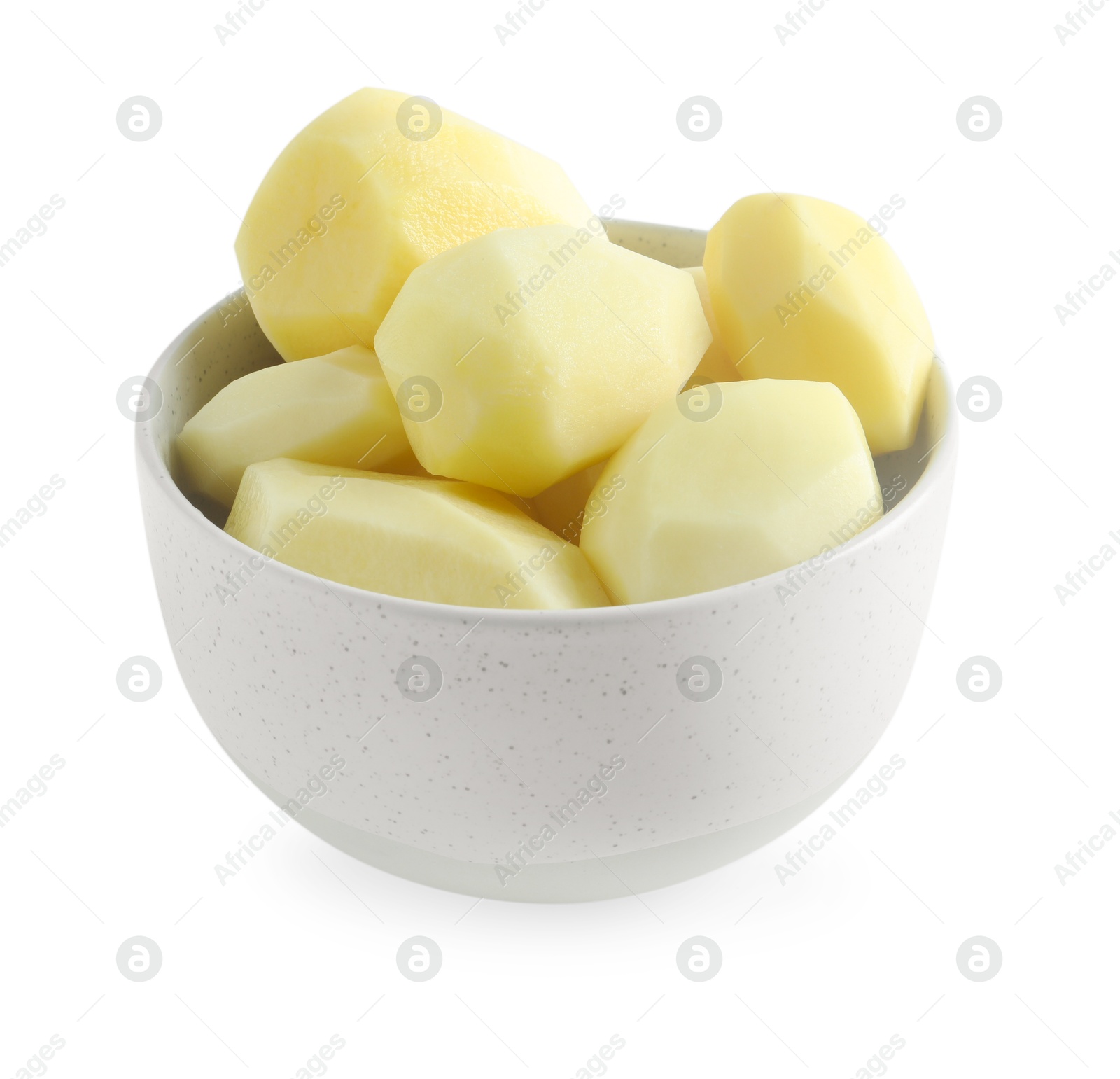 Photo of Fresh raw potatoes in bowl isolated on white